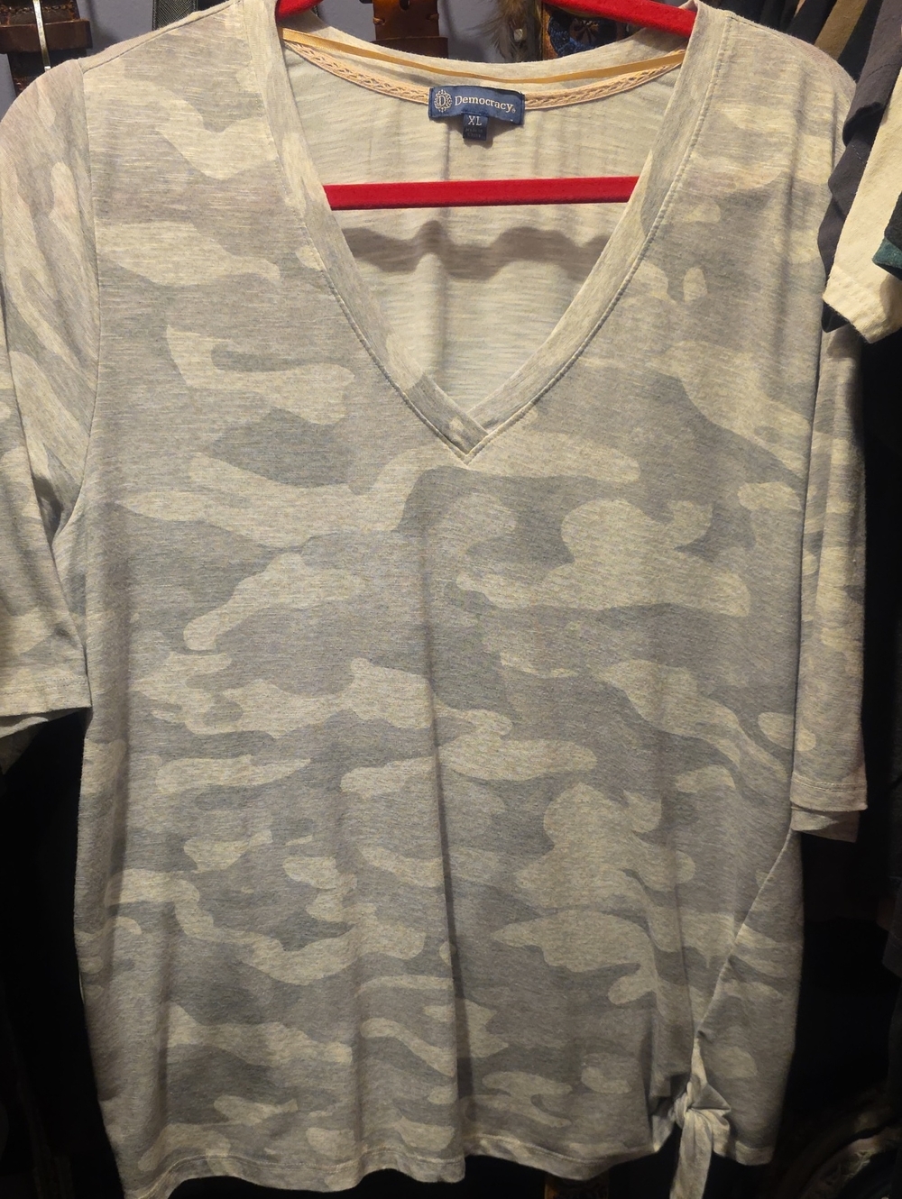Democracy Light Gray Camouflage V-Neck Top
